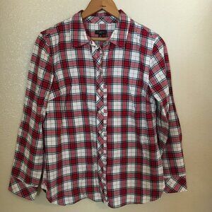 Talbots Red White Plaid Button Shirt MP Metallic Christmas Holiday Ruffle Trim